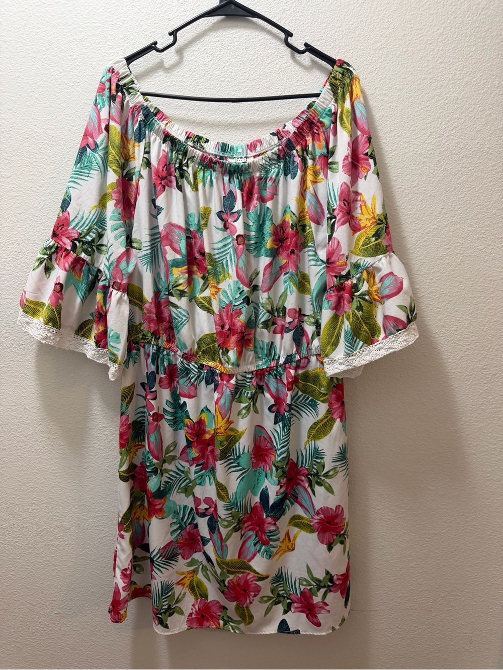 Tropical Off-Shoulder Floral Dress - White with Pink & Green